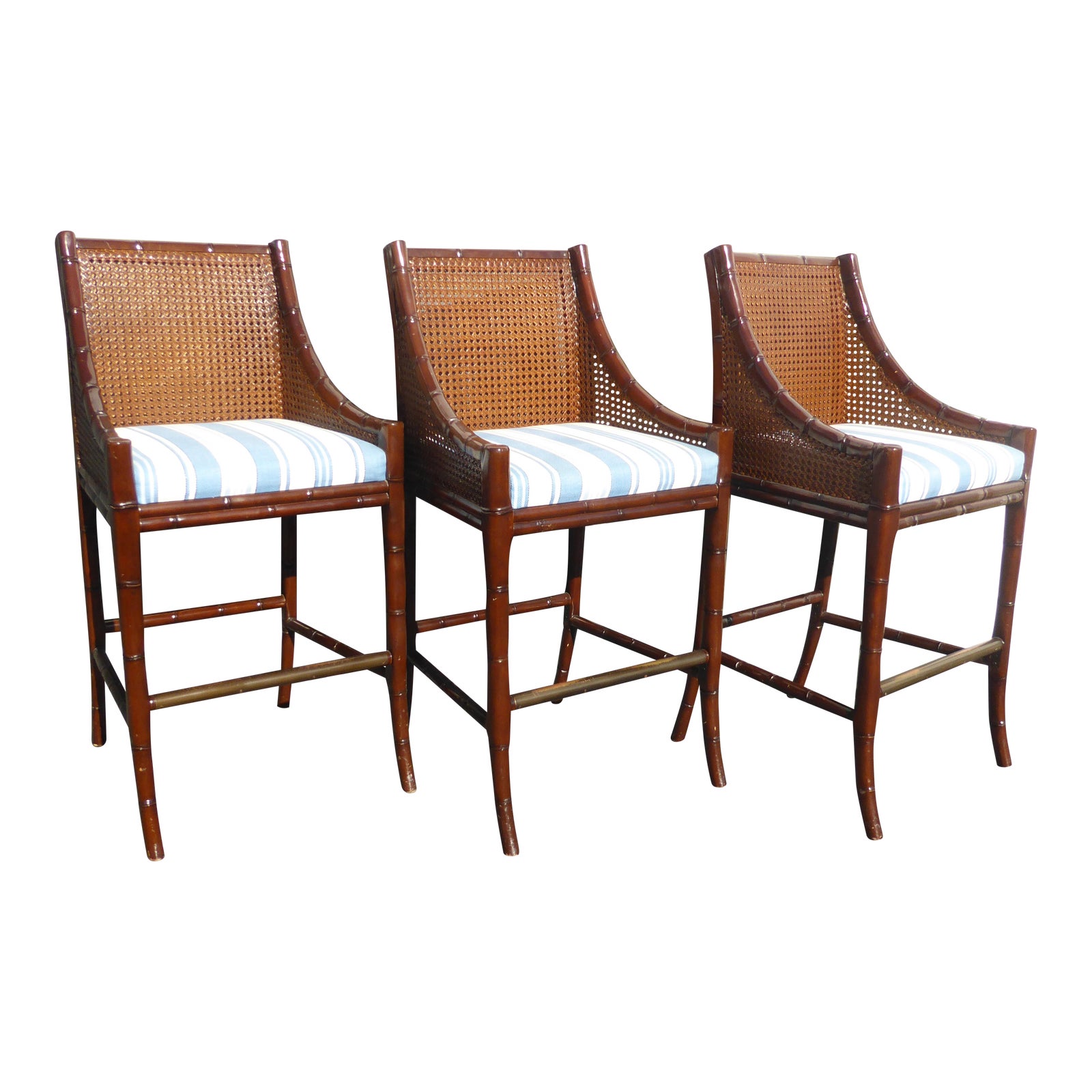 Vintage Palecek Faux Bamboo Rattan Style Cane Back Bar Stools - Set of