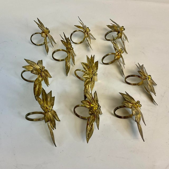 American 1970s Vintage Americana Traditional Brass Poinsettia Napkin Rings - Set of 11, Christmas For Sale - Image 3 of 8