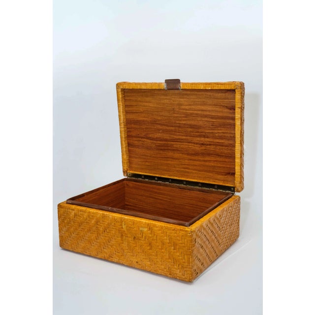Vintage Woven Leather and Wood Hinged Monumental Box Rattan Style Pagoda Style For Sale - Image 10 of 15
