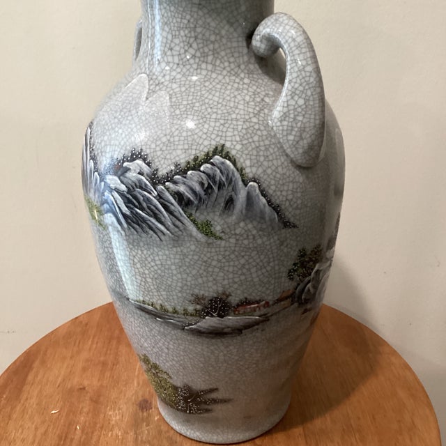Ceramic Vintage Asian Celadon Crackle Glaze Vase With Landscape, Calligraphy and Makers Mark For Sale - Image 7 of 12