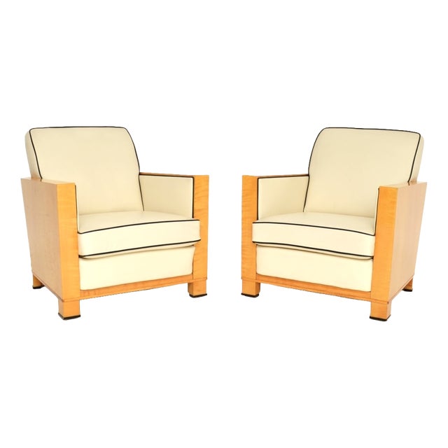 Art Deco Swedish Leather and Satin Birch Chairs, 1930s, Set of 2 For Sale