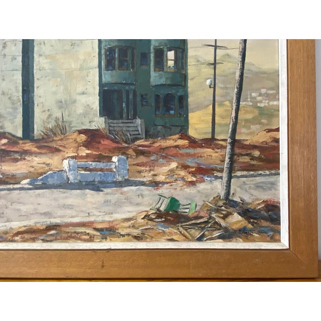 Impressionist Vintage Stark Cityscape W/ Lone Figure Oil Painting by R. Roberts C.1960 For Sale - Image 3 of 11