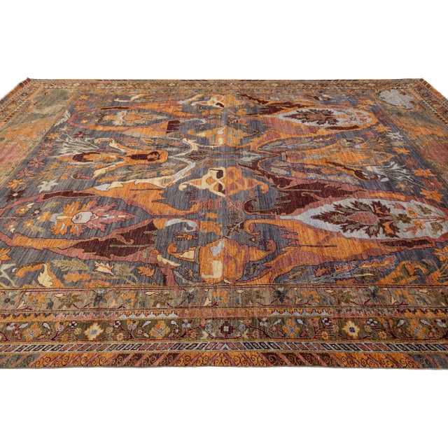2020s 10x14 Modern Bidjar Style Abstract Floral Wool Area Rug in Slate & Burnt Orange For Sale - Image 5 of 11