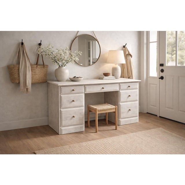 Vintage Solid Pine Scandinavian Style Limewash Double-Pedestal Writing Desk For Sale In Los Angeles - Image 6 of 12
