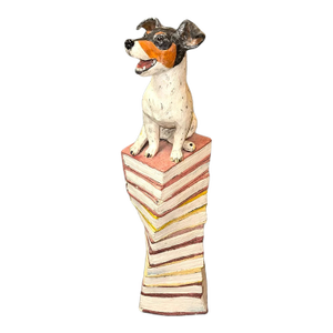Vintage-Style Ceramic Jack Russell Terrier on Stack of Books Sculpture