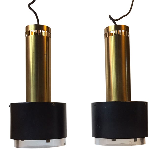 Danish Brass and Crystal Pendant Lamps by Kay Kørbing for Lyfa, 1960s, Set of 2 For Sale