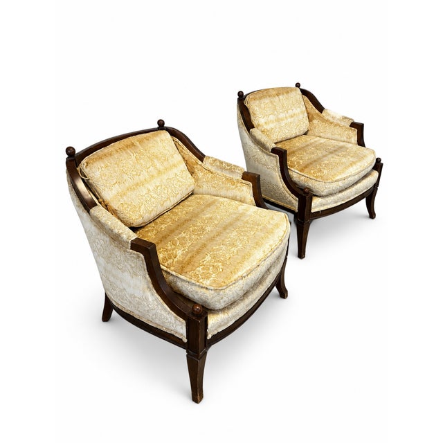 Wood Vintage Hollywood Regency Gold Damask Barrel Lounge Chairs — Pair For Sale - Image 7 of 12