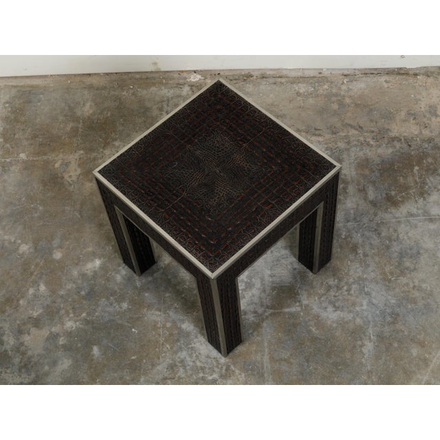 Black Vintage Italian Midcentury Faux Alligator Side Table with Metal Accents For Sale - Image 8 of 10