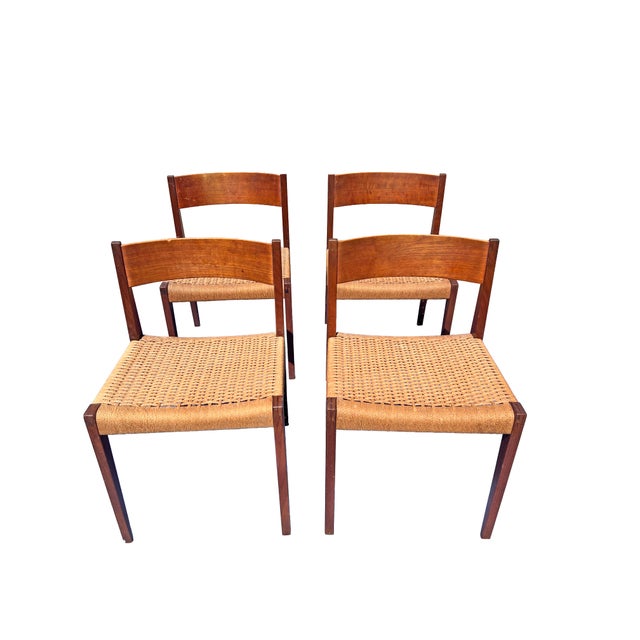 Wood Vintage Mid Century Modern Teak Danish Dinging Chairs With Rattan Paper Cord Rope Seating Set of 4 For Sale - Image 7 of 9