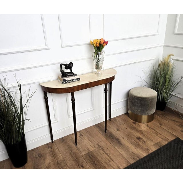 Mid-Century Modern Mid-Century Italian Wooden Brass Console Table with Marble Top, 1950s For Sale - Image 3 of 8