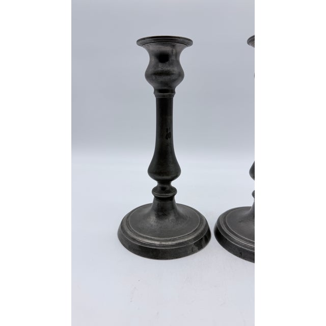 Metal Antique Pair of American Pewter Candlesticks With Push Up Rods, Circa 1820s–1830s For Sale - Image 7 of 12