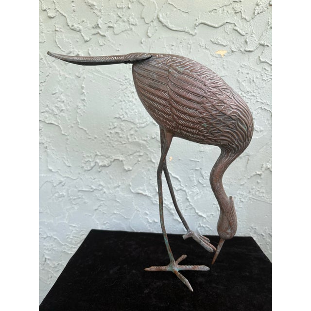 Bronze Pair of Vintage Bronze Patina Crane Sculptures in Complementary Poses For Sale - Image 8 of 12