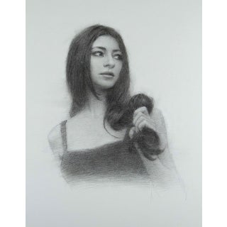 Is My Hair Long? by Mark Bradley Schwartz | Charcoal Drawing of a woman holding her hair For Sale