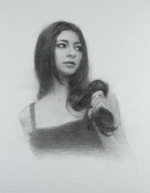 Is My Hair Long? by Mark Bradley Schwartz | Charcoal Drawing of a woman holding her hair