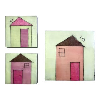 Encaustic Collage Installation by Gina Cochran - Little Pink Houses - "Tiny Dwellings" Series - Set of 3 For Sale