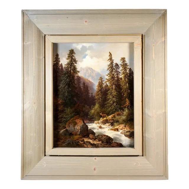 Carl Hasch, Deer by a Mountain Stream, 1875, Oil Painting, Framed For Sale