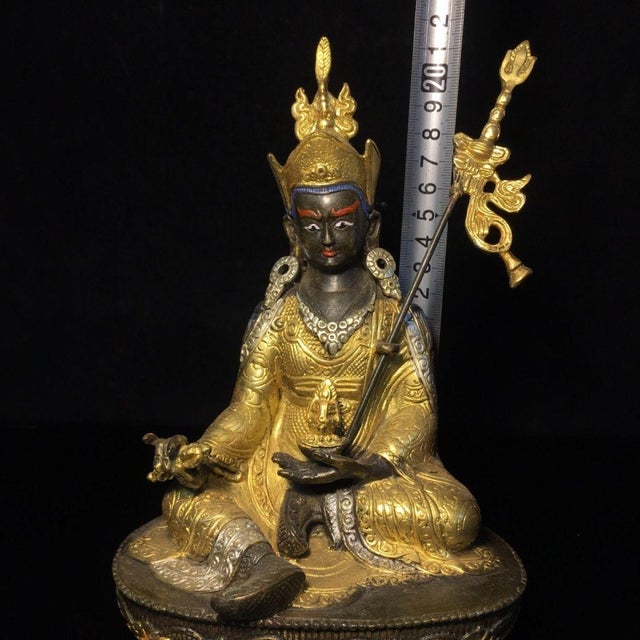 Late 20th Century Late 20th Century Gilt Bronze Padmasambhava Statue, Tibetan Buddhist Figure, 900g For Sale - Image 5 of 9