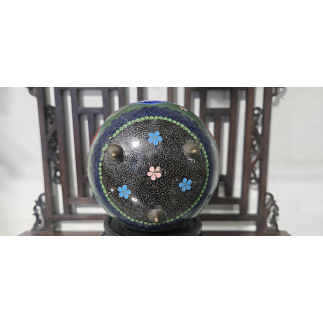 Navy Blue Antique Meiji Cloisonné Enamel Incense Jar – Butterfly Floral Design For Sale - Image 8 of 8