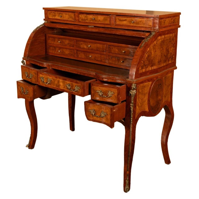Wood Antique French Louis XV Cylinder Marquetry & Ormolu Bureau Writing Desk 1880 For Sale - Image 7 of 17