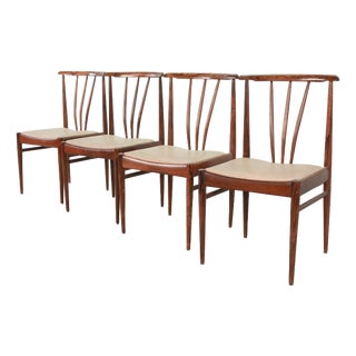 Scandinavian Wood Spindle Back Dining Chairs with Caramel Leatherette Upholstery, 1970s, Set of 4 For Sale