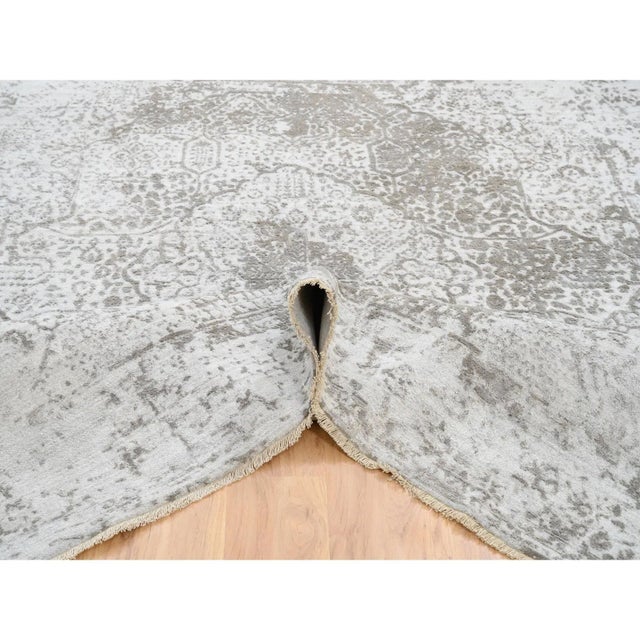 Gray Gray, Broken Persian Design, Hand Knotted Wool and Pure Silk, Square Oriental Rug For Sale - Image 8 of 12