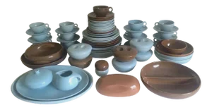 Russel Wright Mid-Century Modern Iroquois Ice Blue & Nutmeg Brown Dinnerware - 82pc Set