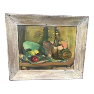 Vintage Still Life Painting of Fruit and Wine, Framed