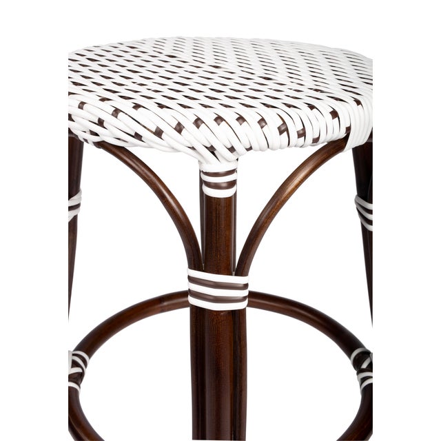 Wood Tobias 24 in. Seat Height Round Rattan Backless Counter Stool, White/Brown Dot / Dark Brown Rattan Frame For Sale - Image 7 of 9