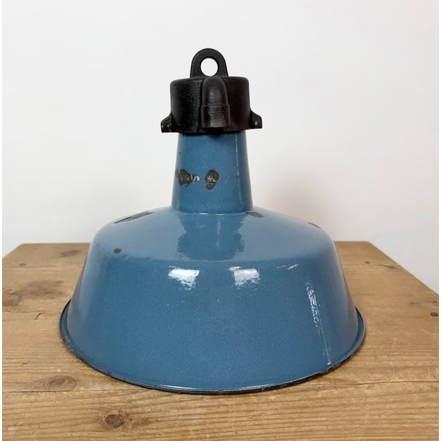 Industrial Blue Enamel Factory Lamp with Cast Iron Top, 1960s For Sale - Image 12 of 18