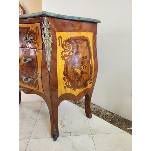 Elegant French Louis XV Style Rosewood Commode With Heavy Green Marble Top & Ormolu Mounts For Sale - Image 4 of 11
