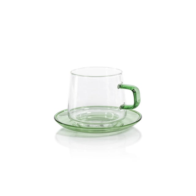 Contemporary Bergamo Glass Tea & Coffee Cups and Saucers - Green, Set of 4 For Sale - Image 3 of 4