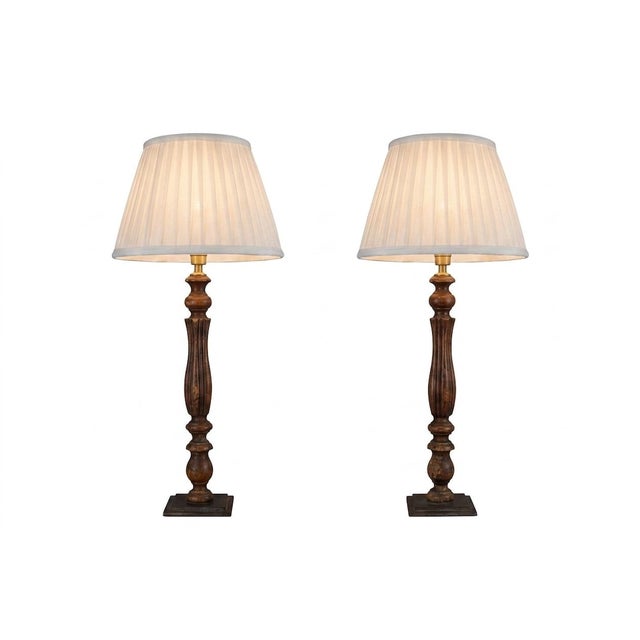 Vintage Turned Wood Table Lamps with Pleated Shades, France, 1970s, Set of 2 For Sale - Image 12 of 12