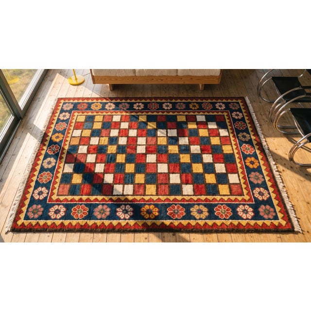 Black 1930s Colorful Checks Tribal Antique S. Persian Gabbeh Rug 5'10" X 9'4" Handknotted Wool Carpet For Sale - Image 8 of 9