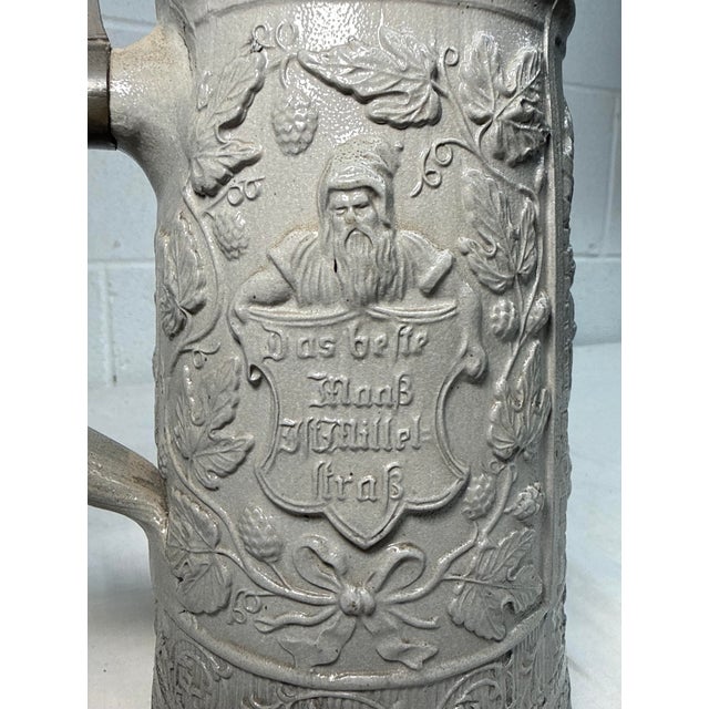 Large Antique 1800's German Pottery Porcelain Pewter Lidded Beer Stein Mug For Sale - Image 10 of 13