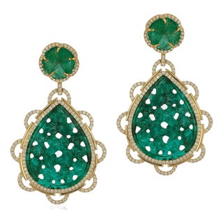 Emerald Carved with Carved Flower and Diamonds Earrings, A Pair For Sale