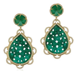 Emerald Carved with Carved Flower and Diamonds Earrings, A Pair