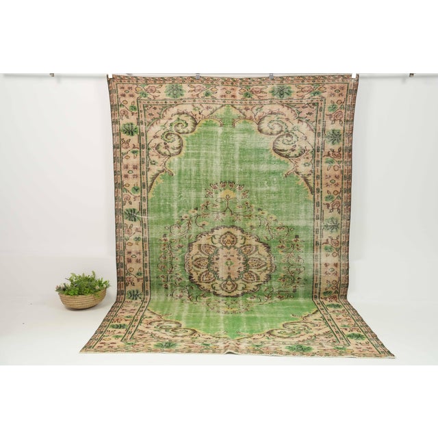 Textile 1970s Vintage Turkish Handmade Wool Cotton Green Area Rug For Sale - Image 7 of 14