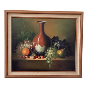 Realistic Painting on Canvas Still Life Fruit and Pottery Composition by Frank Lean Framed Circa 1960s