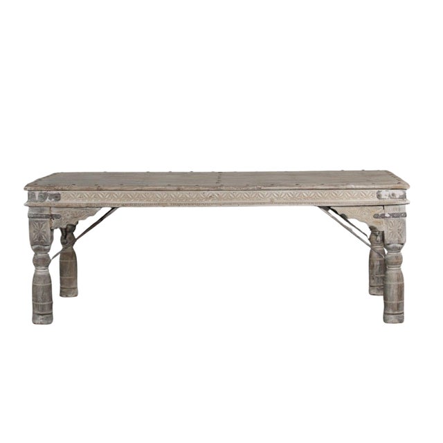 Vintage Indian Bleached Teakwood Dining Table, of classical Rajasthani form, c. 1920-1950. This beautiful table features...