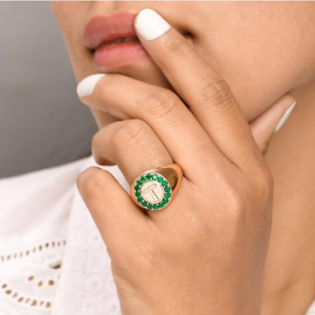 Emerald diamond personalised name letter signet ring gold Natural round emerald diamond letter signet ring Real emerald...