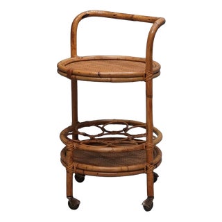Mid-Century Italian Bamboo and Rattan Round Bar Cart, 1960s For Sale