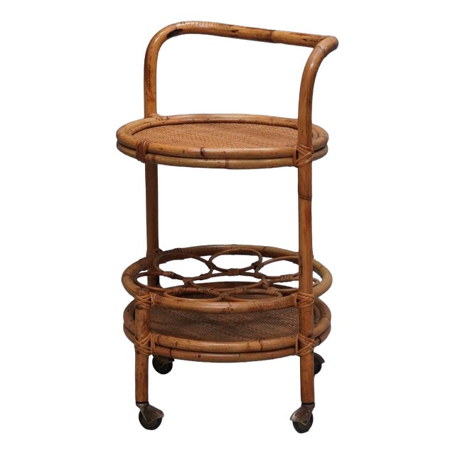 Mid-Century Italian Bamboo and Rattan Round Bar Cart, 1960s For Sale