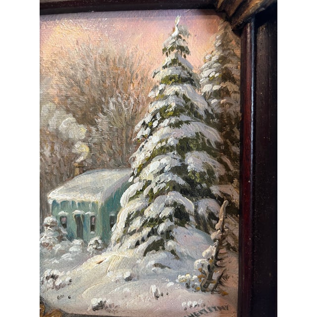 Realism 1990s Oil on Board Snowy Evergreens by a Country House Painting For Sale - Image 3 of 4