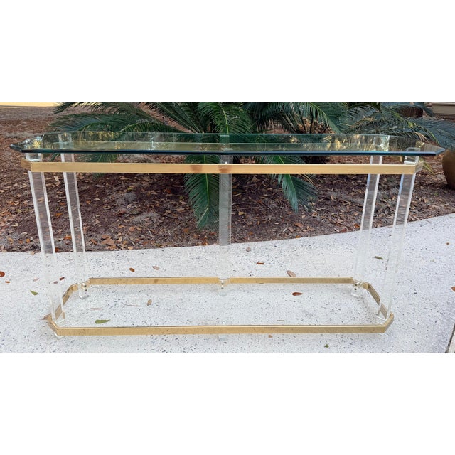 Hollywood Regency Hollywood Regency Console Table Lucite Pillars Brass Frame in the Manner of Charles Hollis Jones For Sale - Image 3 of 17
