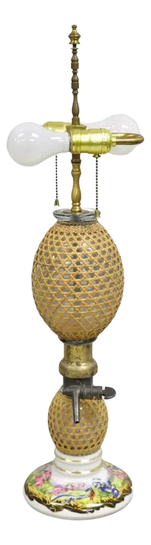 Antique French Victorian Rattan Wrapped Blown Glass Seltzer Bottle Table Lamp