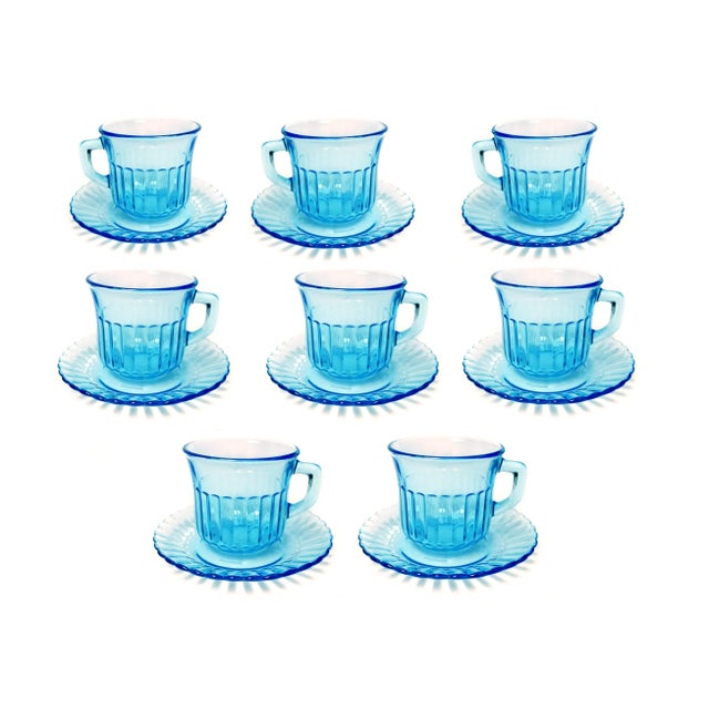 Glass Vintage Forte Crisa Cup & Saucer Light Blue Glass Tea Serving Set of 8 For Sale - Image 7 of 7