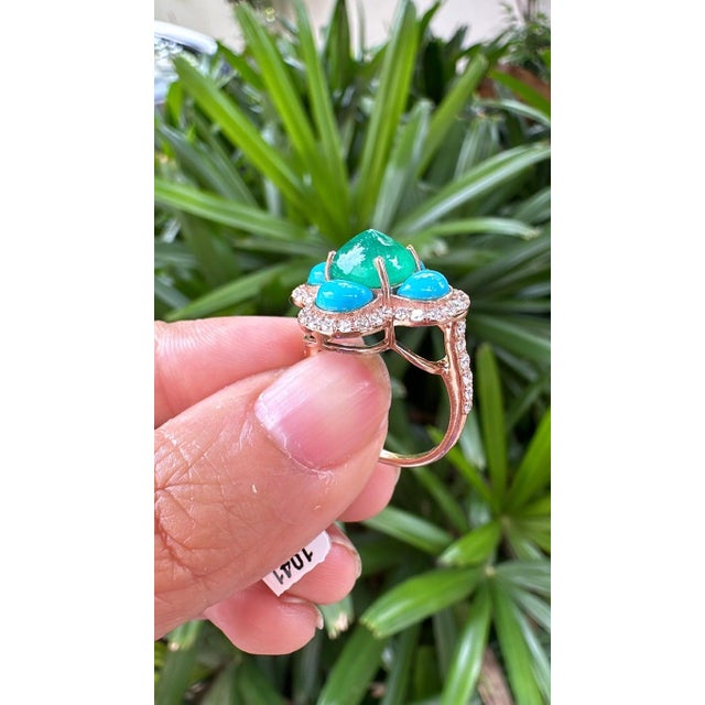Set in 18k Gold, Art Deco Emerald Sugarloaf, Turquoise & Diamond Engagement Ring, Us Size 6 For Sale - Image 16 of 16