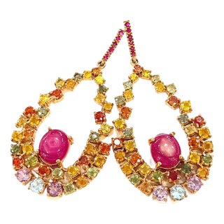 Bochic "Capri" Vintage Ruby & Multi Fancy Sapphire Earrings-18K Gold & Silver For Sale