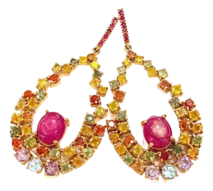 Bochic "Capri" Vintage Ruby & Multi Fancy Sapphire Earrings-18K Gold & Silver