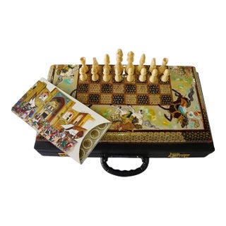 Handcrafted Chess & Backgammon Set With Polo Miniature Painting – Marquetry Game Board by Pilardi For Sale
